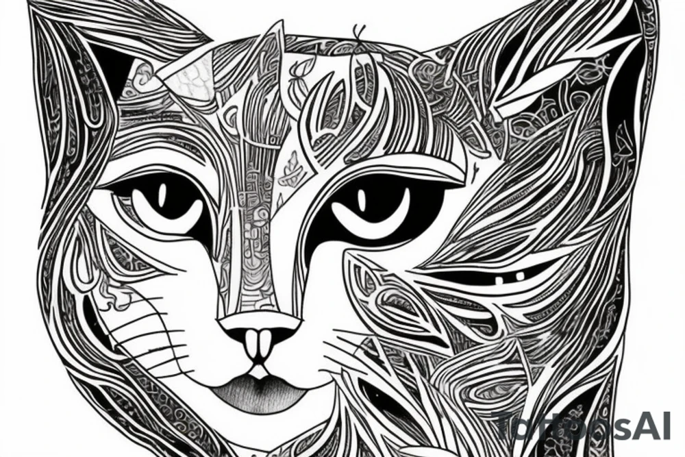cat with big beautiful eyes, white background, clean background, clear lines, correct proportions, sketch on a white background, enhanced details, linework tattoo idea