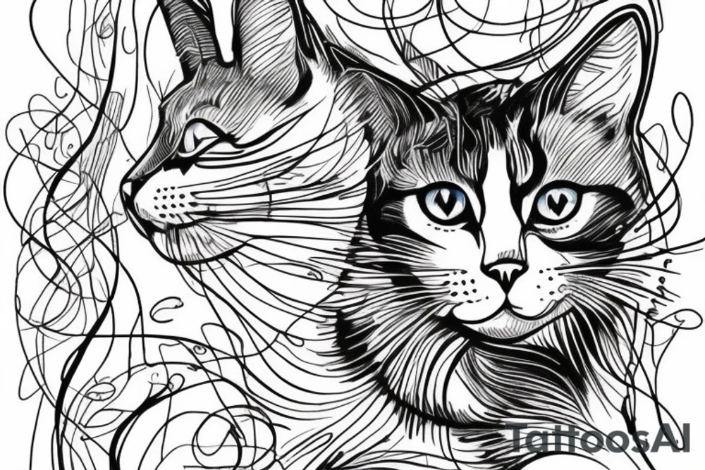 cat with big beautiful eyes, white background, clean background, clear lines, correct proportions, sketch on a white background, enhanced details, linework tattoo idea