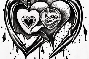 hand holding a blooding heart-shaped grenade. Like the American idiot album cover. with the words rage and love in a scroll below tattoo idea