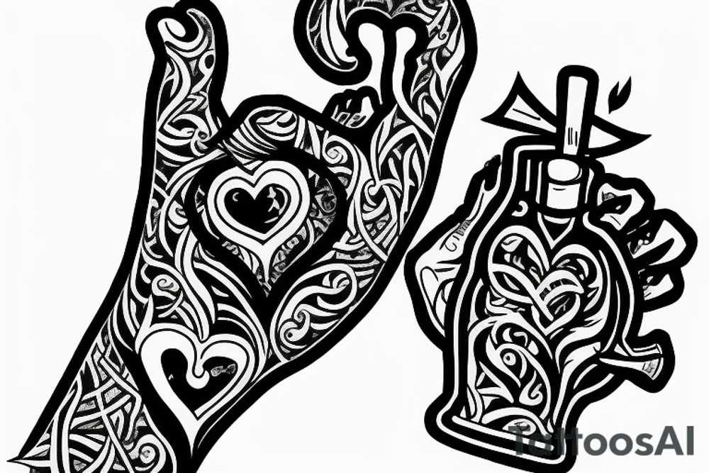 hand holding a bleeding heart-shaped grenade. with the words rage and love in a scroll below tattoo idea