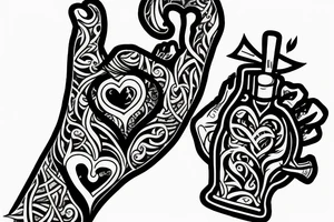 hand holding a bleeding heart-shaped grenade. with the words rage and love in a scroll below tattoo idea