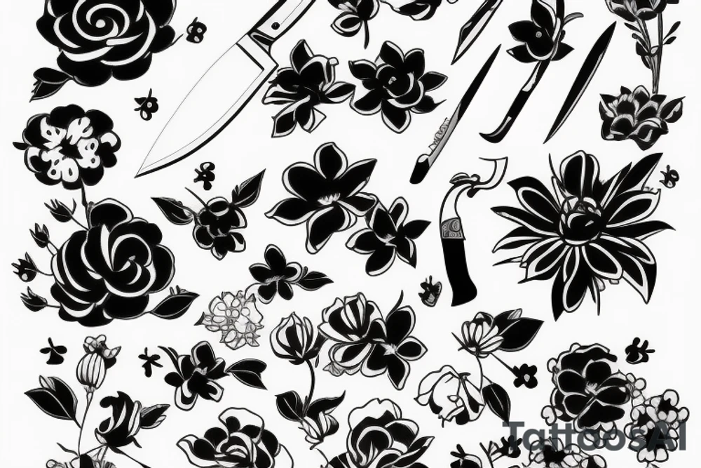 Japanese flowers with a knife tattoo idea