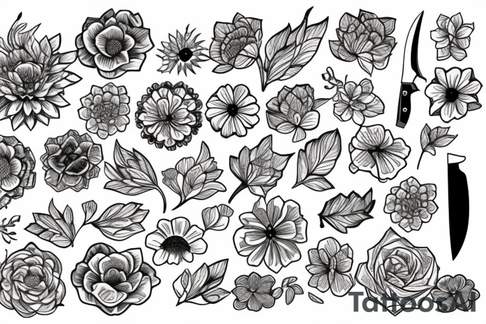 Japanese flowers with a knife tattoo idea