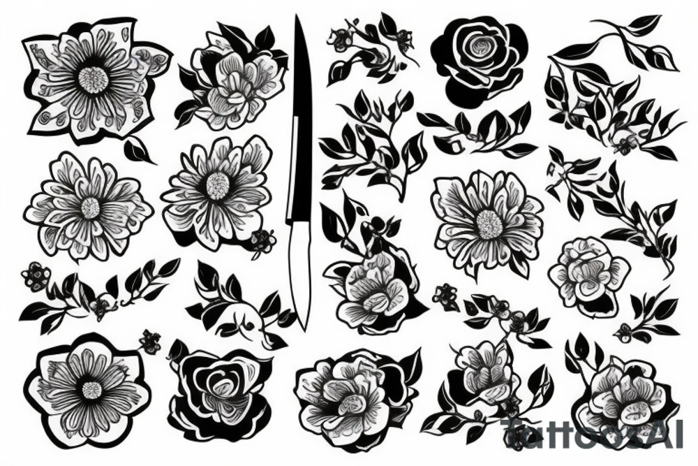 Japanese flowers with a knife in the middle tattoo idea