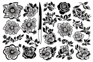 Japanese flowers with a knife in the middle tattoo idea