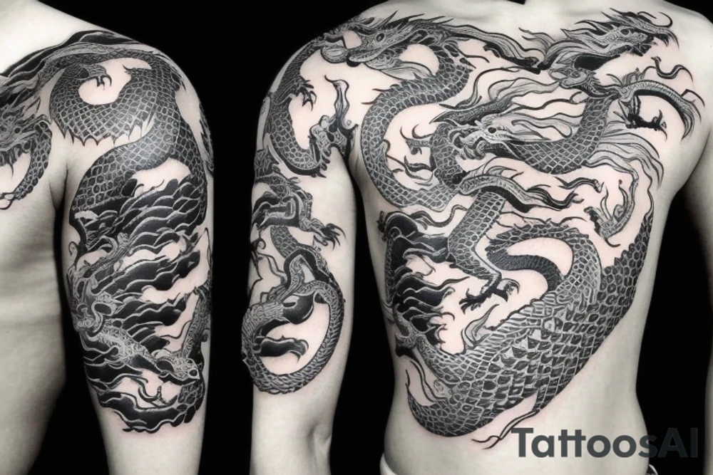 One full body of a fierce chinese style dragon around shoulder tattoo idea