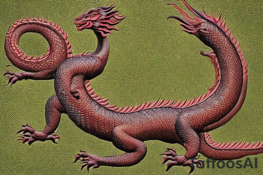 The perfect description of a dragon from the Chinese zodiac is a majestic and powerful creature, with a long and sinuous body covered in shimmering, iridescent scales. Its head is adorned with elaborate horns and a pair of wise, piercing eyes that exude a sense of ancient wisdom. The dragon's serpentine tail, often adorned with a pearl, symbolizes longevity and good fortune. It has sharp claws and the ability to fly, representing its immense strength and freedom. This mythical creature is a symbol of power, courage, and benevolence, embodying the essence of Chinese culture and mythology. tattoo idea