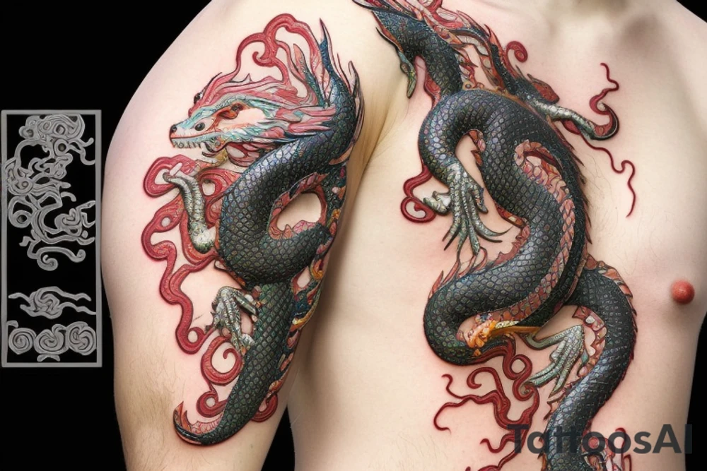 a dragon from the Chinese zodiac with a long and sinuous body covered in shimmering, iridescent scales. Its head is adorned with elaborate horns and a pair of wise, piercing eyes that exude a sense of ancient wisdom. The dragon's serpentine tail, often adorned with a pearl. It has sharp claws and the ability to fly. tattoo idea