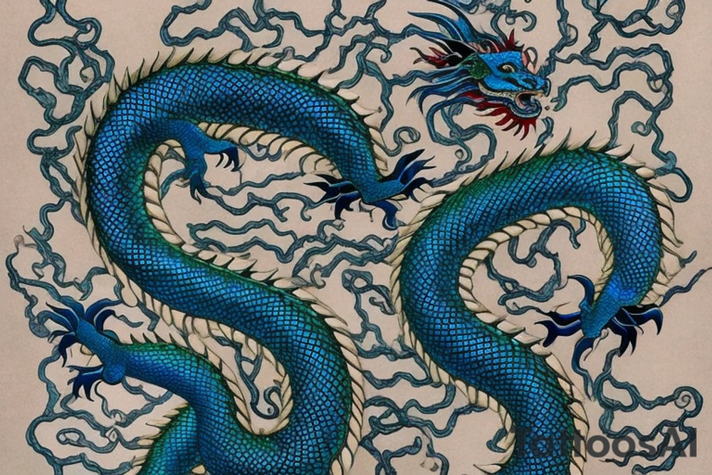 a dragon from the Chinese zodiac with a long and sinuous body covered in shimmering, iridescent scales. Its head is adorned with elaborate horns and a pair of wise, piercing eyes that exude a sense of ancient wisdom. The dragon's serpentine tail, often adorned with a pearl. It has sharp claws and the ability to fly. tattoo idea