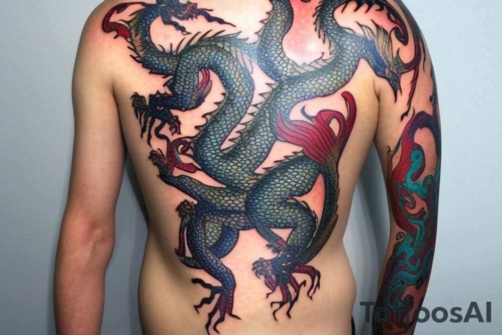 a dragon from the Chinese zodiac with a long and sinuous body covered in shimmering, iridescent scales. Its head is adorned with elaborate horns and a pair of wise, piercing eyes that exude a sense of ancient wisdom. The dragon's serpentine tail, often adorned with a pearl. It has sharp claws and the ability to fly. tattoo idea