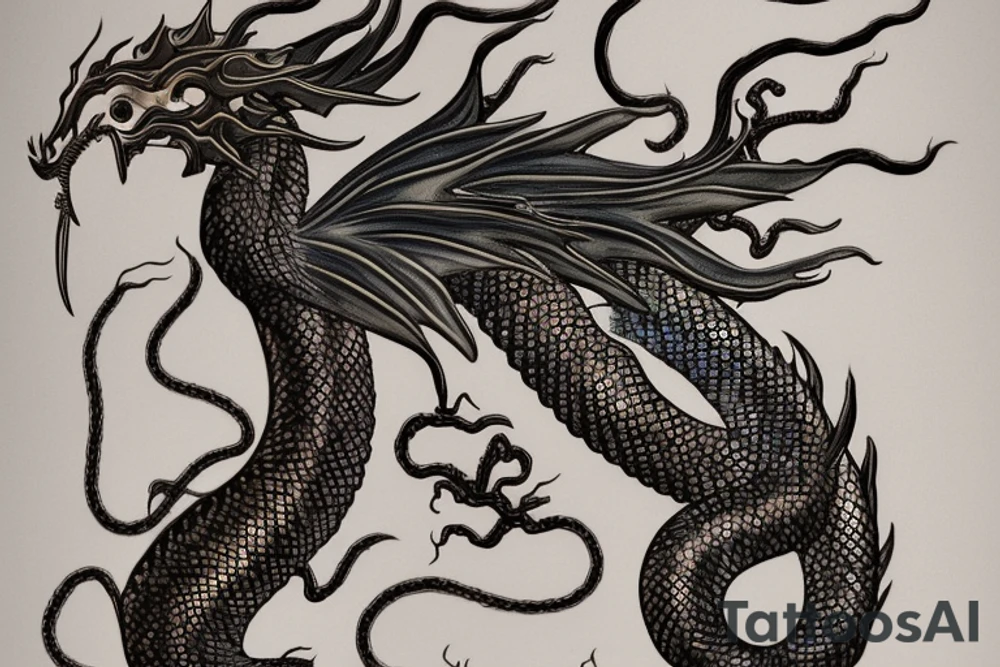 a dragon from the Chinese zodiac with a long and sinuous body covered in shimmering, iridescent scales. Its head is adorned with elaborate horns and a pair of wise, piercing eyes that exude a sense of ancient wisdom. The dragon's serpentine tail, often adorned with a pearl. It has sharp claws and the ability to fly. tattoo idea