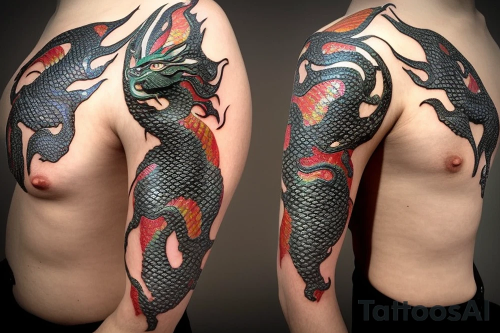 a dragon from the Chinese zodiac with a long and sinuous body covered in shimmering, iridescent scales. Its head is adorned with elaborate horns and a pair of wise, piercing eyes that exude a sense of ancient wisdom. The dragon's serpentine tail, often adorned with a pearl. It has sharp claws and the ability to fly. tattoo idea