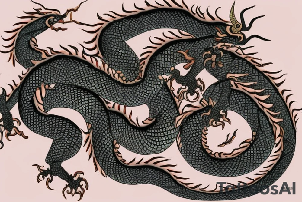 a dragon from the Chinese zodiac with a long and sinuous body covered in shimmering, iridescent scales. Its head is adorned with elaborate horns and a pair of wise, piercing eyes that exude a sense of ancient wisdom. The dragon's serpentine tail, often adorned with a pearl. It has sharp claws and the ability to fly. tattoo idea