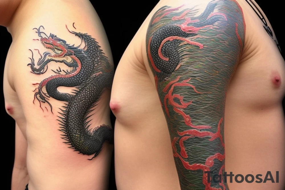 a dragon from the Chinese zodiac with a long and sinuous body covered in shimmering, iridescent scales. Its head is adorned with elaborate horns and a pair of wise, piercing eyes that exude a sense of ancient wisdom. The dragon's serpentine tail, often adorned with a pearl. It has sharp claws and the ability to fly. tattoo idea