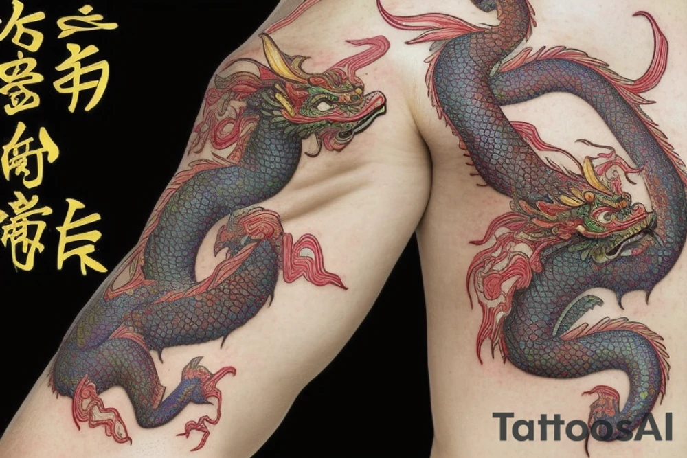 a dragon from the Chinese zodiac with a long and sinuous body covered in shimmering, iridescent scales. Its head is adorned with elaborate horns and a pair of wise, piercing eyes that exude a sense of ancient wisdom. The dragon's serpentine tail, often adorned with a pearl. It has sharp claws and the ability to fly. tattoo idea