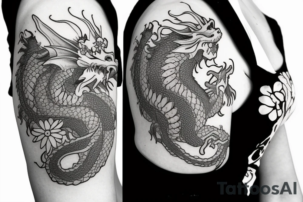 A dragon with flowers tattoo idea