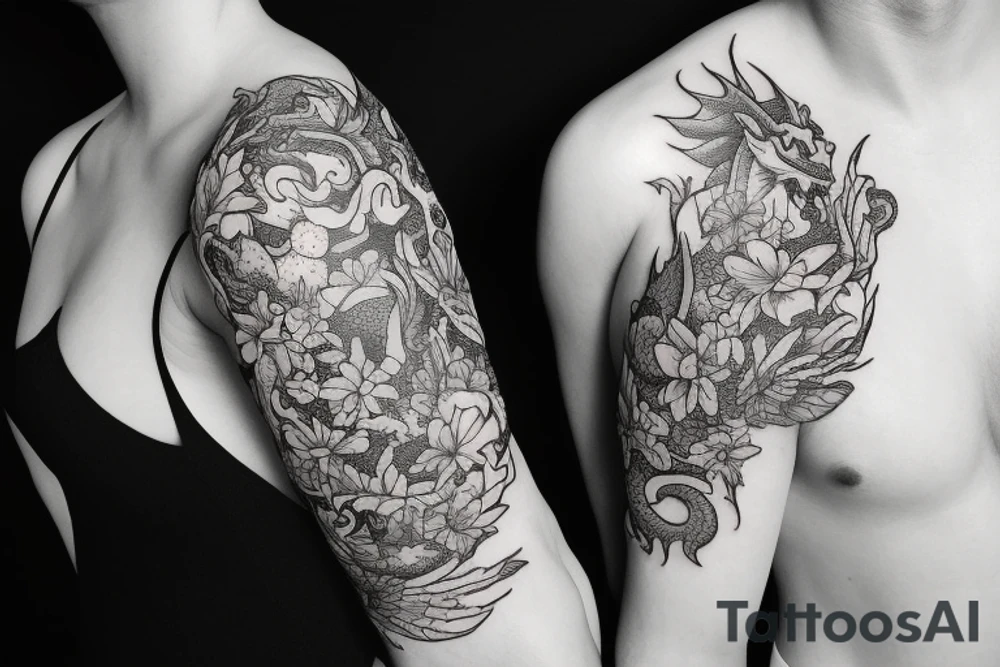 A dragon with flowers tattoo idea