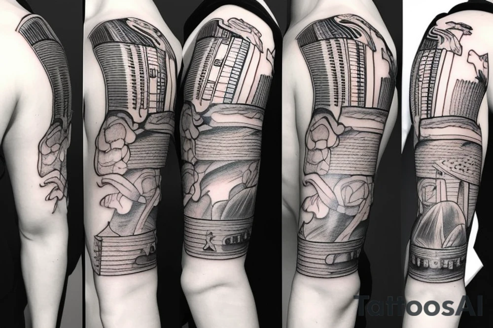 Texas inspired shoulder to mid sleeve tattoo with piano keys and the date 6-17-2018 tattoo idea