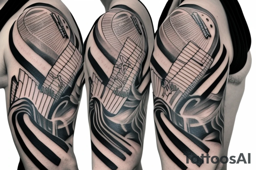 Texas inspired shoulder to mid sleeve tattoo with piano keys and the date 6-17-2018 tattoo idea