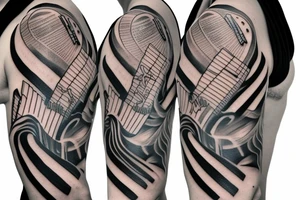Texas inspired shoulder to mid sleeve tattoo with piano keys and the date 6-17-2018 tattoo idea