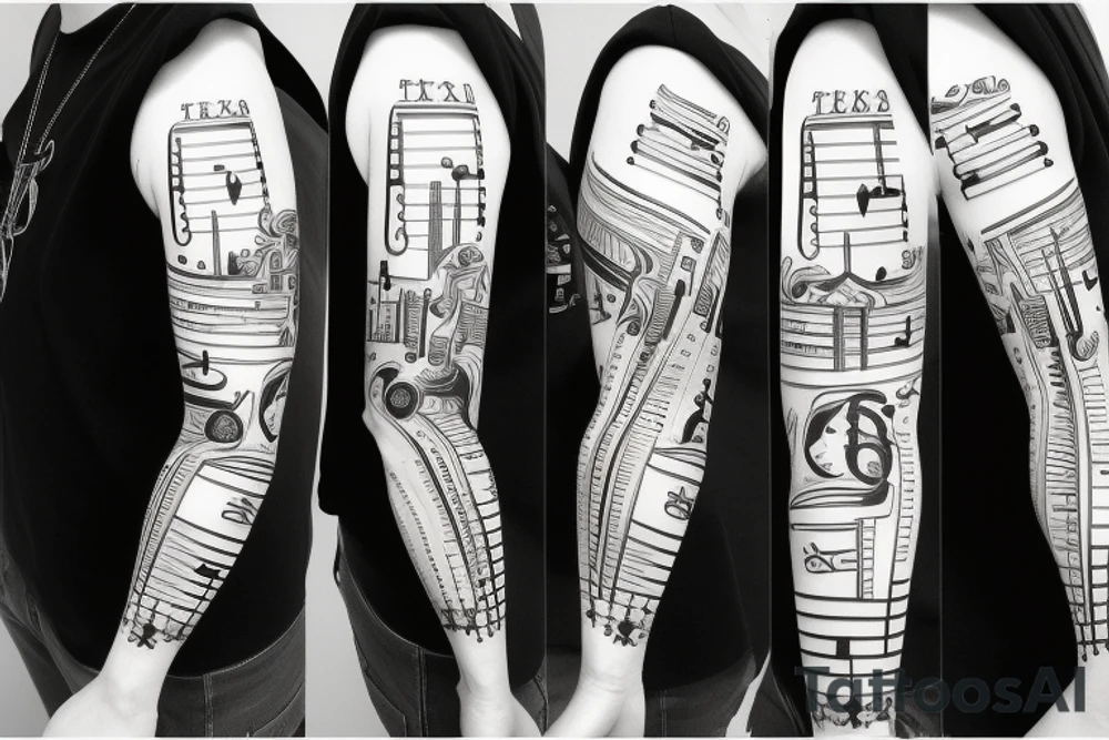 Texas inspired shoulder to mid sleeve tattoo with piano keys and the date 6-17-2018 tattoo idea