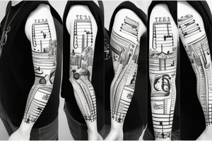 Texas inspired shoulder to mid sleeve tattoo with piano keys and the date 6-17-2018 tattoo idea
