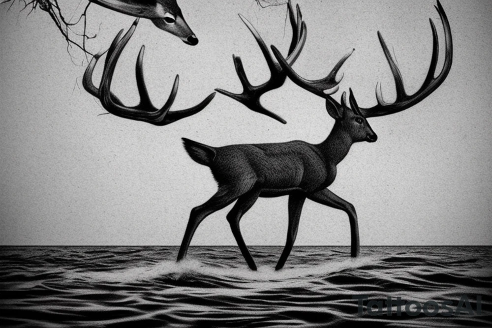 a deer swimming in the ocean with its antlers out, an airbrush painting Storm Trgerson, surrealism, beach surreal ptography, tom chambers ptography tattoo idea