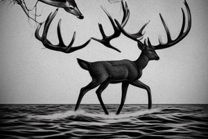 a deer swimming in the ocean with its antlers out, an airbrush painting Storm Trgerson, surrealism, beach surreal ptography, tom chambers ptography tattoo idea