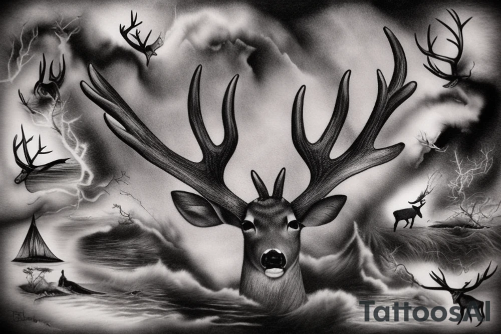 a deer swimming in the ocean with its antlers out, an airbrush painting Storm Trgerson, surrealism, beach surreal ptography, tom chambers ptography tattoo idea