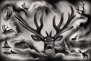 a deer swimming in the ocean with its antlers out, an airbrush painting Storm Trgerson, surrealism, beach surreal ptography, tom chambers ptography tattoo idea