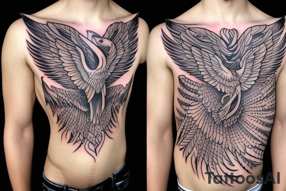 Phoenix spreading wings and rising from ashes Chest Tattoo Male tattoo idea