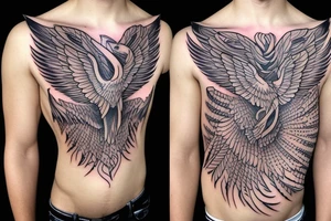 Phoenix spreading wings and rising from ashes Chest Tattoo Male tattoo idea