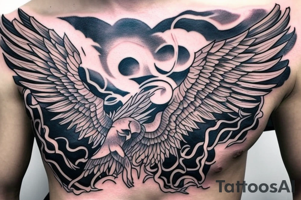 Phoenix spreading wings and rising from ashes Chest Tattoo Male tattoo idea