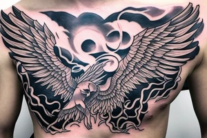 Phoenix spreading wings and rising from ashes Chest Tattoo Male tattoo idea