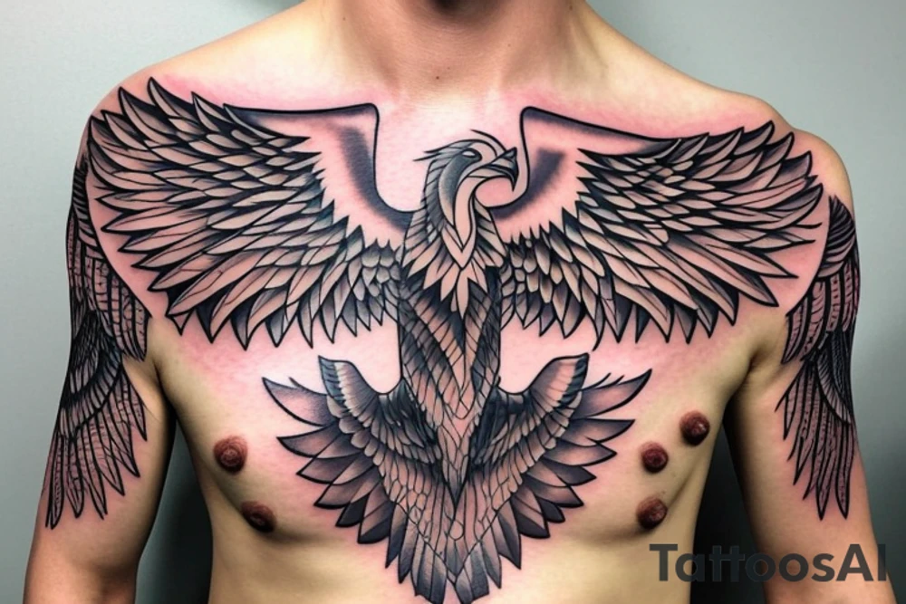 Phoenix spreading wings and rising from ashes Chest Tattoo Male tattoo idea