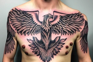Phoenix spreading wings and rising from ashes Chest Tattoo Male tattoo idea