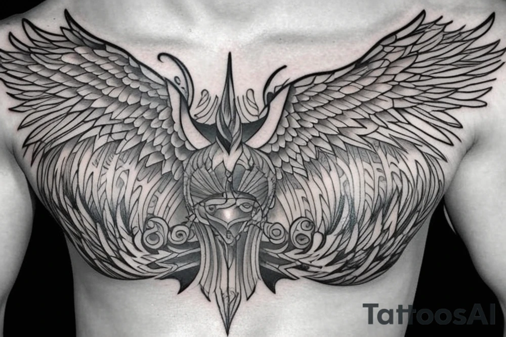 Phoenix spreading wings and rising from ashes Chest Tattoo Male tattoo idea