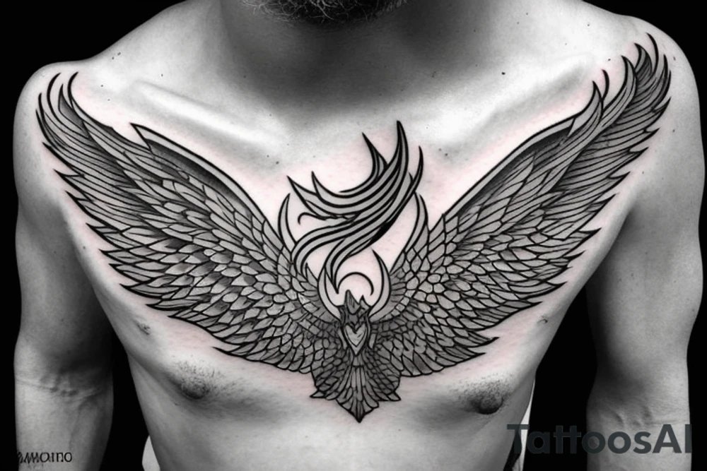 Phoenix spreading wings and rising from ashes Chest Tattoo Male tattoo idea