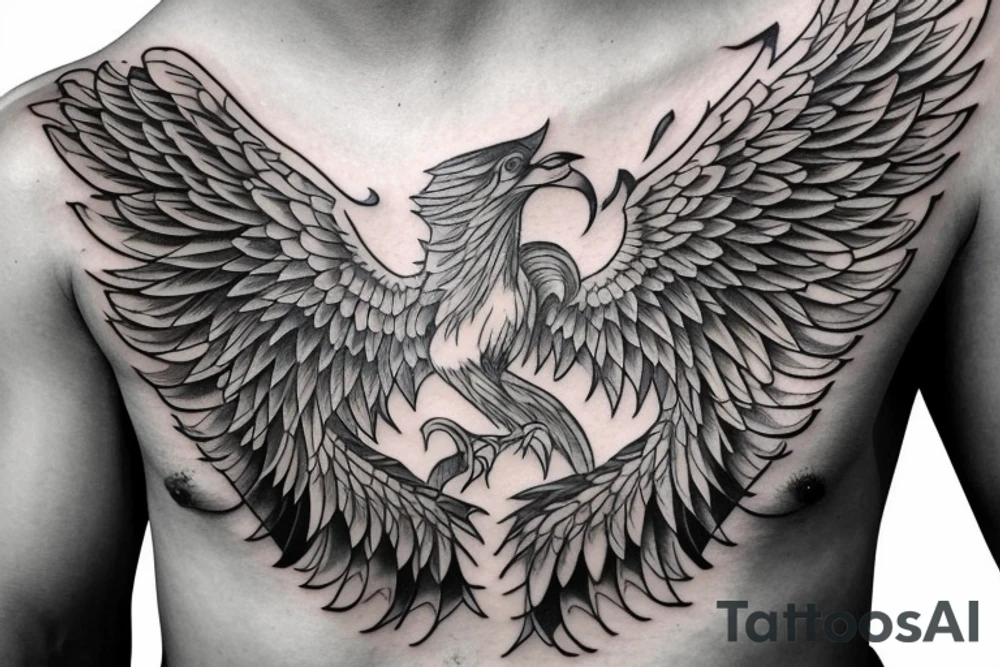 Phoenix spreading wings and rising from ashes Chest Tattoo Male tattoo idea