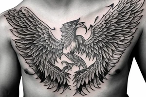 Phoenix spreading wings and rising from ashes Chest Tattoo Male tattoo idea