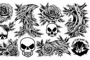 Skull entwined with mountains and forest tattoo idea