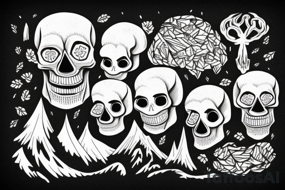Skull entwined with mountains and forest tattoo idea