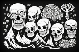Skull entwined with mountains and forest tattoo idea