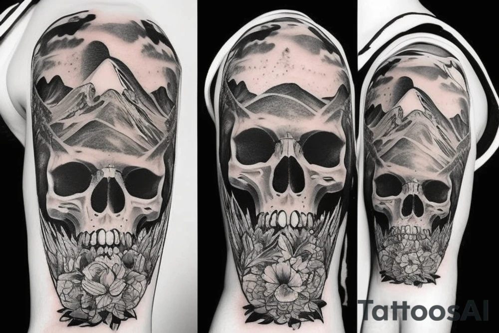 Skull with mountains tattoo idea