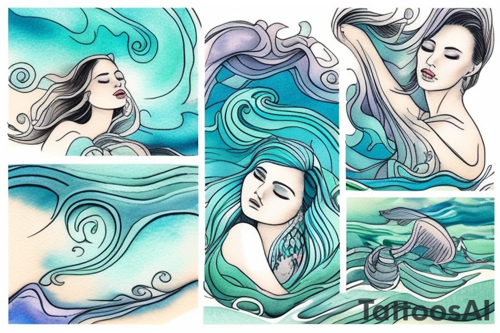 stream with woman floating in it. three small words printed in the waves: seen, loved, held. Colors: pastel blues and green. Gentle blending tattoo idea