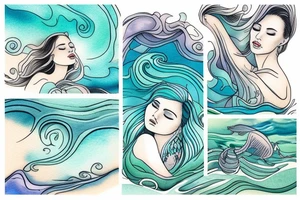 stream with woman floating in it. three small words printed in the waves: seen, loved, held. Colors: pastel blues and green. Gentle blending tattoo idea
