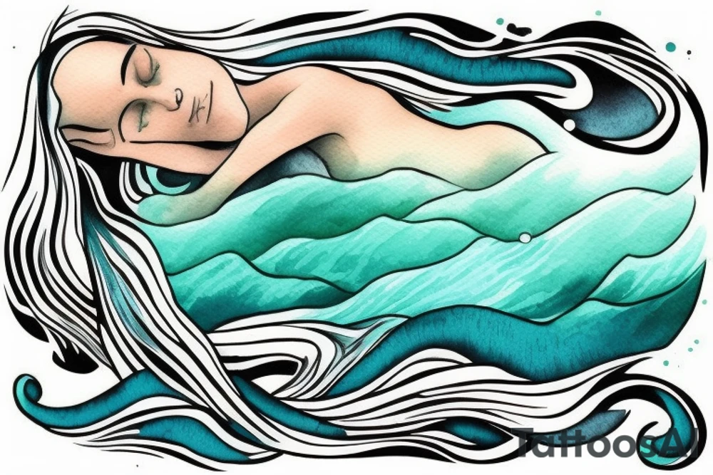 stream with woman floating in it. three small words printed in the waves: seen, loved, held. Colors: pastel blues and green. Gentle blending tattoo idea