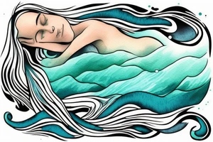 stream with woman floating in it. three small words printed in the waves: seen, loved, held. Colors: pastel blues and green. Gentle blending tattoo idea