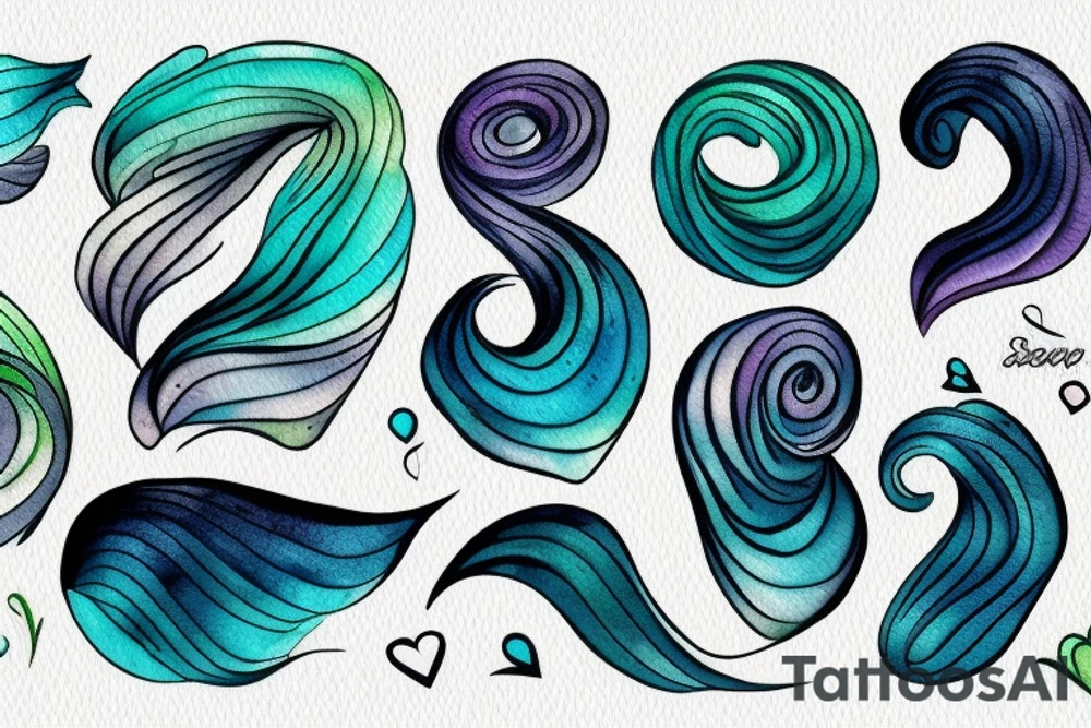 stream. three small words printed in the waves: seen, loved, held. Colors: pastel blues and green. Gentle blending tattoo idea