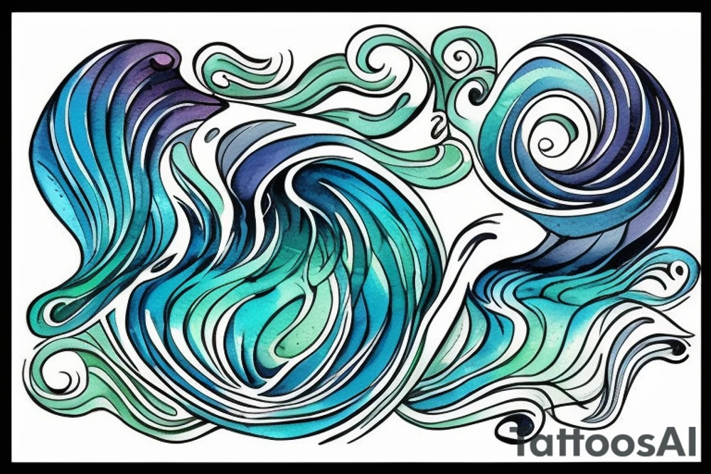 stream. three small words printed in the waves: seen, loved, held. Colors: pastel blues and green. Gentle blending tattoo idea